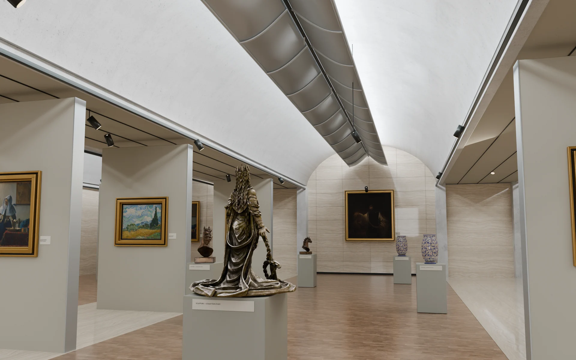 Une sculpture au centre d’une galerie voûtée du musée virtuel
